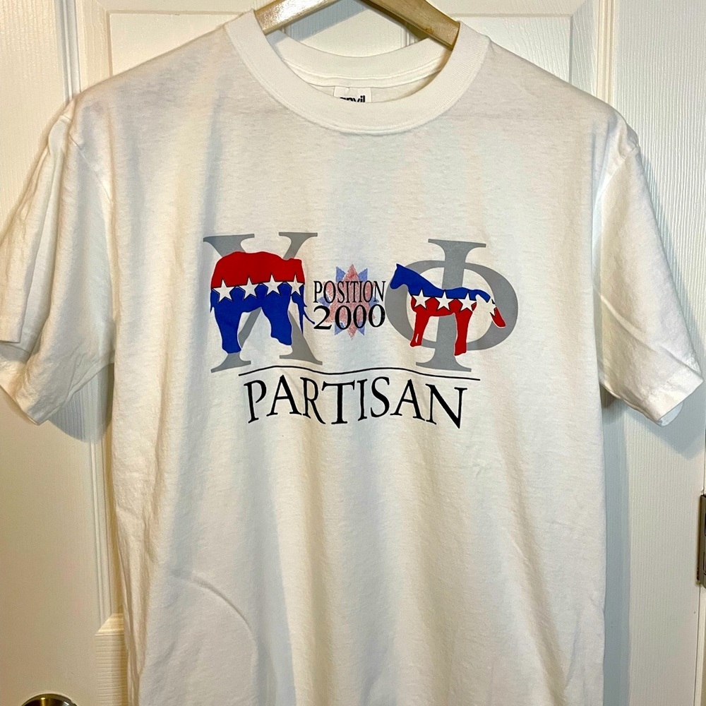 VTG Y2K Anvil white political novelty graphic tee ‘Position 2000 Partisan’ sz L